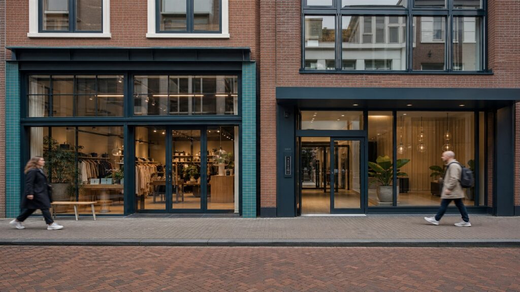 Straat met winkelpand en modern kantoor als verschillende soorten bedrijfsruimte