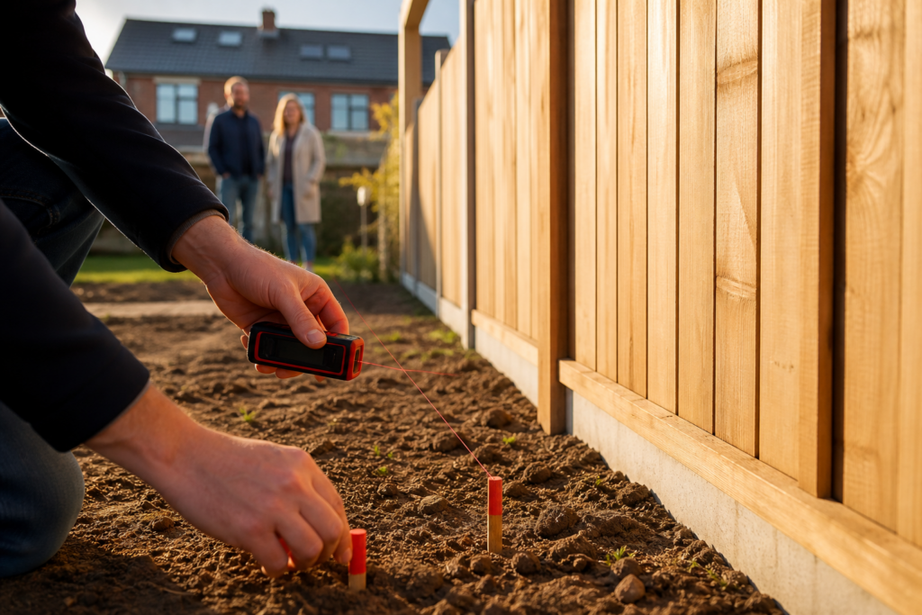 Landmeter meet een nieuwe houten schutting op de erfgrens