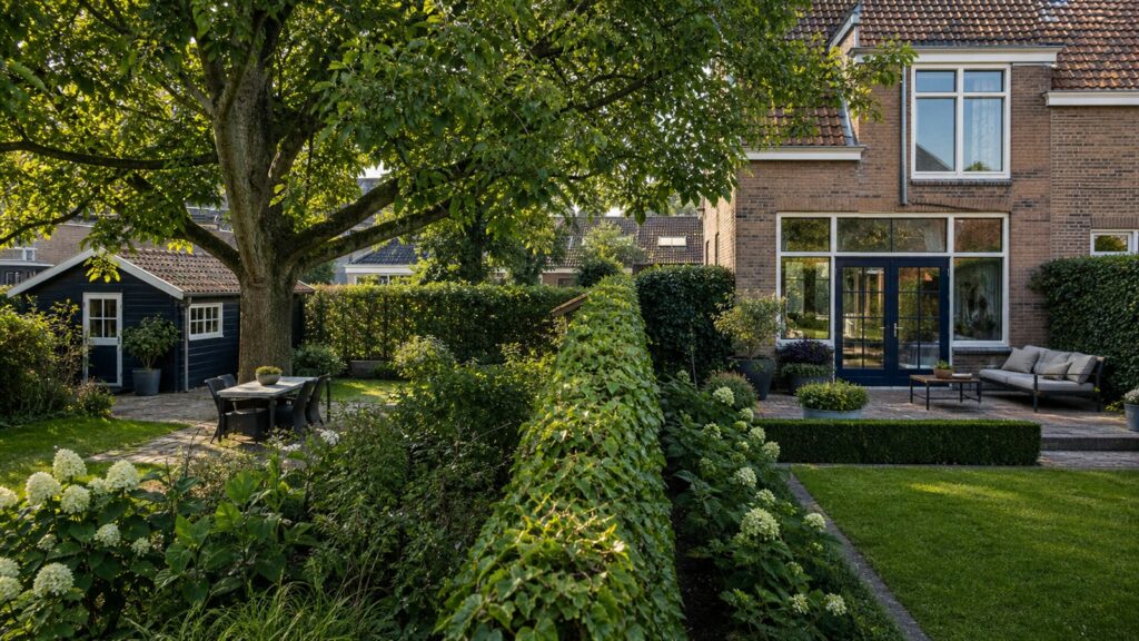 Volwassen boom en hoge heg langs de erfgrens van twee Nederlandse tuinen