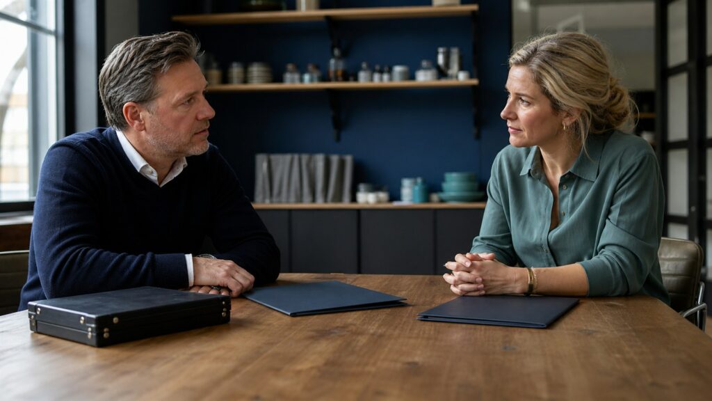 Ondernemer en zelfstandig handelsagent bespreken het einde van hun samenwerking