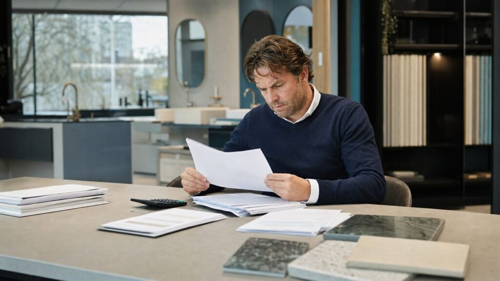 Verkoopagent controleert orderoverzicht en provisieberekening in een showroom
