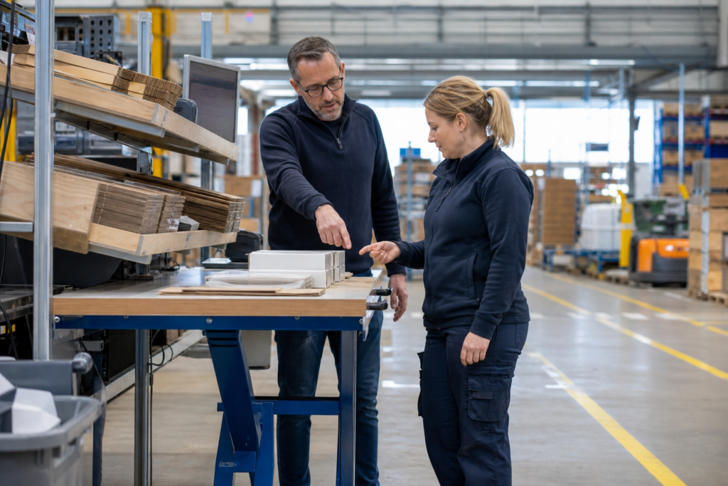 Werkgever en werknemer bespreken aangepast werk tijdens re-integratie