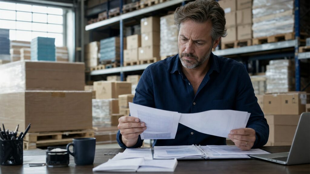 Ondernemer controleert een openstaande zakelijke factuur in een magazijnkantoor