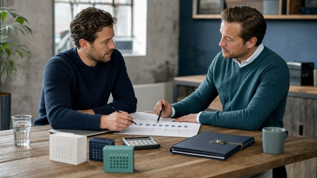 Twee ondernemers leggen een zakelijke betalingsregeling vast met termijnplanning